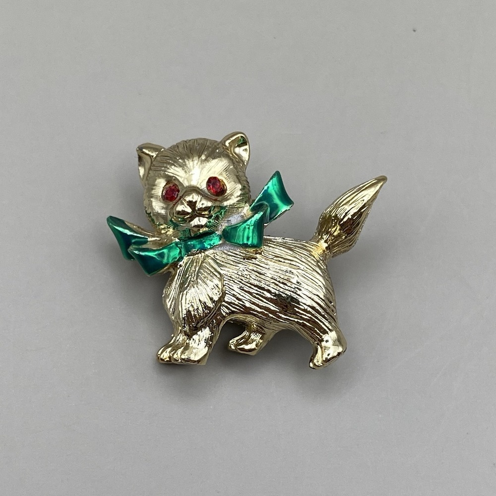 Vintage Holiday Dog Fox Cat Rhinestone Enameled Christmas‎ Pin Brooch Gold Tone